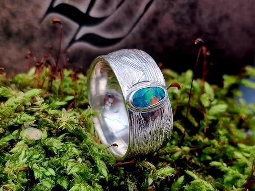 LeoLars-PABE Lightning Ridge Opal Design Ring, Gr.56 (17,8), aus 925er Silber mit Blatt Struktur, Opal Multicolor Opalfeuer 6,7 x 3,6mm, Unikat, Handarbeit
