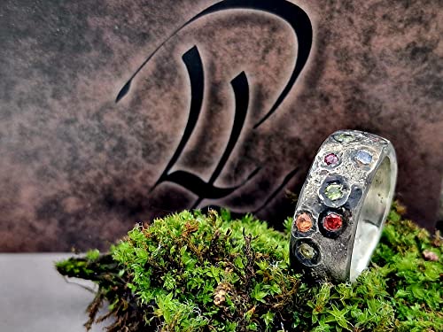 LeoLars-PABE Sandguss Design Ring, Gr.58, aus 925er Silber mit eingearbeiteten verschiedenen echten Edelsteinen, massiv, teilgeschwärzt, Unikat, Handarbeit
