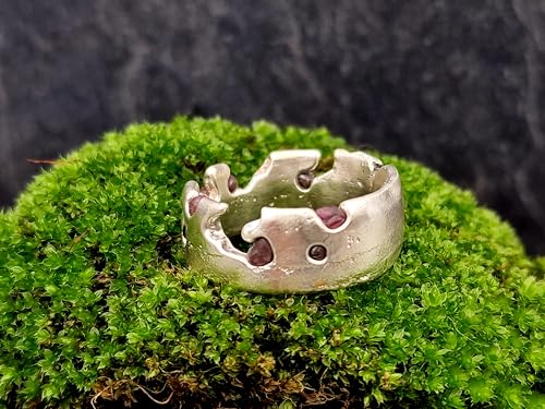 LeoLars-PABE Herren Spinell Sandguss Design Ring, Gr. 66-67, aus 925er Silber mit eingegossenen Spinellen, massiv, Vulkan Style, Unikat, Handarbeit