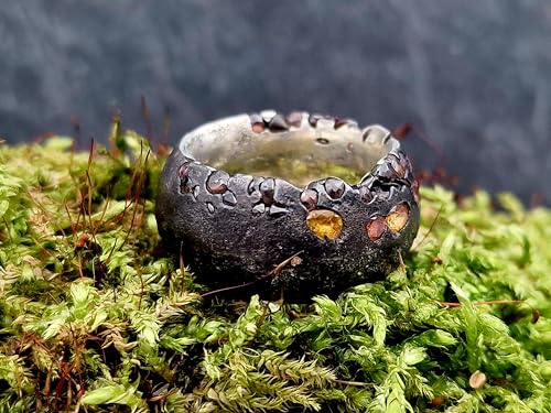 LeoLars-PABE 925er Silber Ring im Sandguss Design, Gr. 56 (17,8), im Vulkan Design mit eingegossenen verschieden farbigen hochwertigen Saphiren, Unikat, Handarbeit