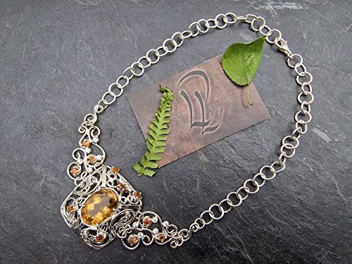 LeoLars-PABE Majestätisches Citrin - Bergkristall Collier aus 925er Silber, handgefertigte Kette, Groß, Statement, Königlich, aufwendig, leicht, Unikat, Handarbeit