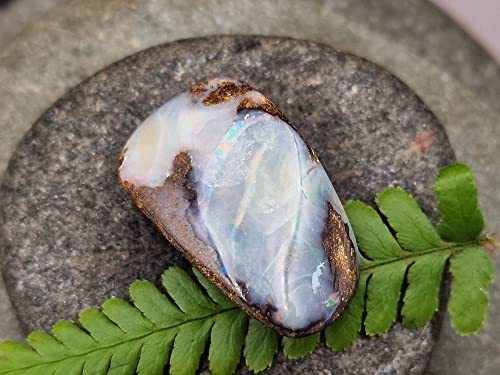 LeoLars-PABE gebohrter Boulder Opal Anhänger mit 50 cm Lederband, gemeiner Opal mit buntem Opalfeuer, Opal 29.6x11.4x8.9mm, Unikat, Handgeschliffen