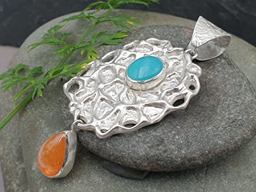 LeoLars-PABE Design Anhänger aus 925er Silber mit Amazonit und Mandarin Granat, handgefertigte Schlaufe, Unikat, Handarbeit
