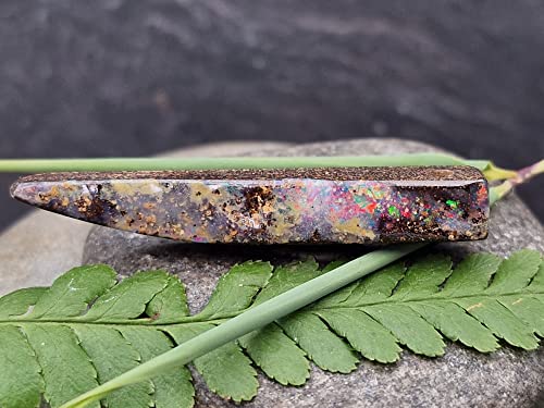 LeoLars-PABE Boulderopal Anhänger gebohrt mit 60cm Lederband, Multicolor Opalfeuer, lang, Boulder Opal 47.7 x 7.1 x 7mm, Unikat, Handgeschliffen