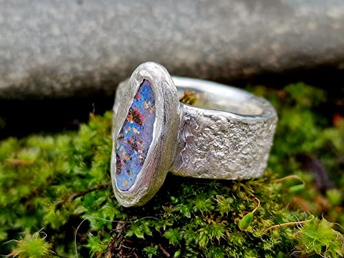 LeoLars-PABE Boulder Opal Structure Design Ring, Gr.52, aus 925er Silber mit Stein Struktur, Opal mehrfarbig 14.5x6.5mm, Unikat, Handarbeit