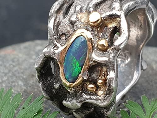 LeoLars-PABE Organic Design Schwarzer Opal Ring, Gr.49, aus 925er Silber mit Goldakzenten, Unikat, Handarbeit