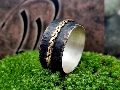 LeoLars-PABE Herren Bicolor Design Ring, Gr.69, aus 925er Silber mit montierter 585er Gelbgold Kette, geschwärzt, mystisch, magisch, Unikat, Handarbeit