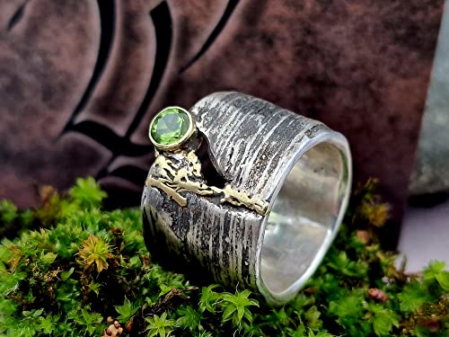 LeoLars-PABE Peridot Design Ring, Gr.56, aus 925er Silber 585er Goldfassung und Gold Akzenten, echte Pampasgrasstruktur, teilgeschwärzt, Unikat, Handarbeit