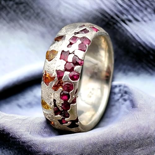 LeoLars-PABE Sandguss Design Ring, Gr. 53 (16,8), mit eingegossenen orangen und gelben Saphiren und Rubinen aus 925er Silber, Nr.63, Unikat, Handarbeit