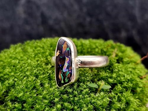 LeoLars-PABE Boulder Opal Ring, Gr.57-58, aus 925er Silber, Opal mit tollem Muster und grün-lila Opalfeuer, Opal 17,5x7mm, Unikat, Handarbeit