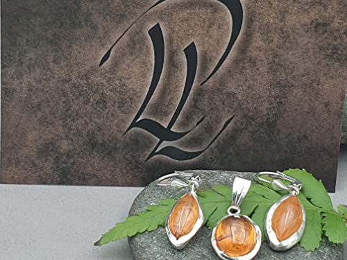 LeoLars-PABE Mandarin Granat Set, Anhänger - Ohrhänger aus 925er Silber, Satte Farbe, Brisuren, Unikat, Handarbeit