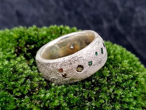 LeoLars-PABE Design Sandguss Ring, Gr.62-63 (19,8), aus 925er Silber mit verschiedenen eingegossenen Edeksteinen, Unikat, Handarbeit