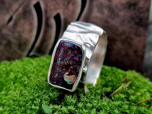 LeoLars-PABE Boulder Opal herren Design Ring, Gr.65-66, aus 925er Silber, Opal mit Muster und bunten Opaladern, grob geschliffen, massiv, Unikat, Handarbeit