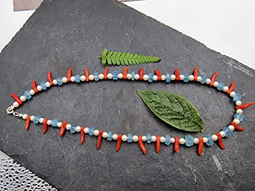LeoLars-PABE 44cm Aquamarin und Perlen Kette mit 925er Silberverschluss, Unikat, Handarbeit