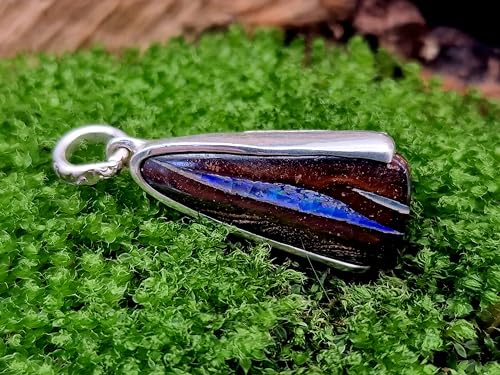 LeoLars-PABE Anhänger mit Boulder Opal aus 925er Silber, grün-blaue kräftige Opalader mit Feuer, Opal 22,9x11mm, Unikat, Handarbeit