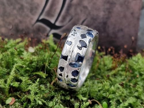 LeoLars-PABE Design Saphir Sandguss Design Herren Ring, Gr.66 (21), mit echten blauen eingegossenen Saphiren aus 925er Silber, Unikat, Handarbeit