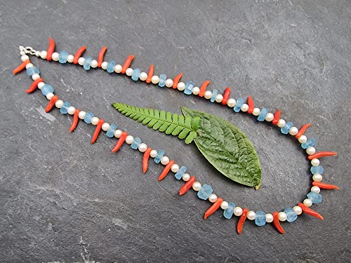 LeoLars-PABE 44cm Aquamarin und Perlen Kette mit 925er Silberverschluss, Unikat, Handarbeit