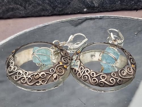 Magische Aquamarin Kristall Ohrhänger aus 925er Silber mit Feingold Elementen, baumelnd, teilgeschwärzt, Mystisch, Zauberhaft, Unikat, Handarbeit