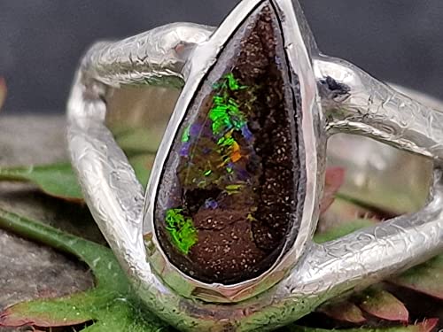 LeoLars-PABE Boulder Opal Design Ring, Gr.55 (17.5), aus 925er Silber, teil-eismattiert, Tropfen, Unikat, Handarbeit