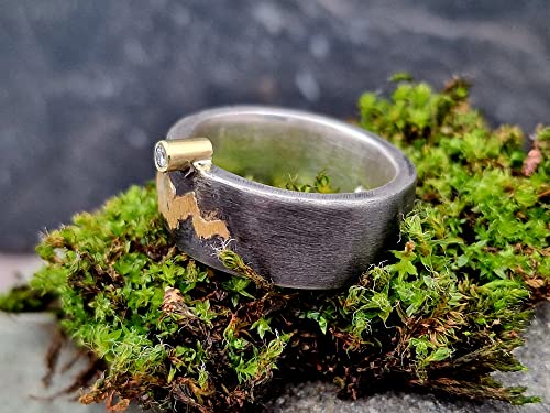LeoLars-PABE Diamant Design Ring, Gr.62, aus 925er Silber mit Goldfassung und Goldakzenten, geschwärzt, starker Kontrast, massiv, Unikat, Handarbeit
