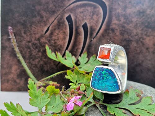 LeoLars-PABE Schwarzer Opal und Feueropal Design Ring, Gr.57-58, aus 925er Silber, oben offen, eismattiert, Unikat, Handarbeit