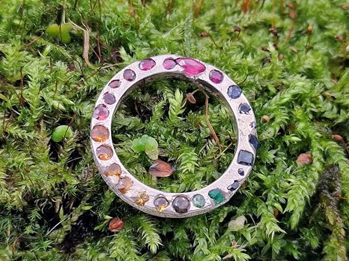 LeoLars-PABE Regenbogen Sandguss Design Ring, Gr.59 (18,7) aus 925er Silber mit eingegossenen echten bunten Edelsteinen, Vorsteckring, Anhänger, Unikat, Handarbeit