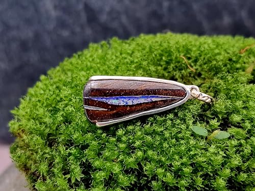 LeoLars-PABE Anhänger mit Boulder Opal aus 925er Silber, grün-blaue kräftige Opalader mit Feuer, Opal 22,9x11mm, Unikat, Handarbeit