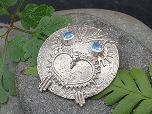 LeoLars-PABE Anhänger Eule Rudi aus 925er Silber mit zwei Blautopasen, Unikat, Handarbeit