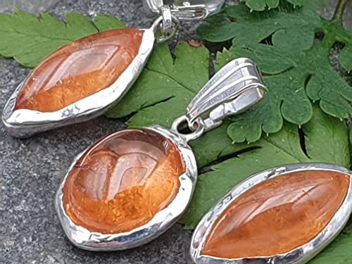 LeoLars-PABE Mandarin Granat Set, Anhänger - Ohrhänger aus 925er Silber, Satte Farbe, Brisuren, Unikat, Handarbeit