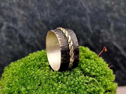 LeoLars-PABE Herren Bicolor Design Ring, Gr.69, aus 925er Silber mit montierter 585er Gelbgold Kette, geschwärzt, mystisch, magisch, Unikat, Handarbeit