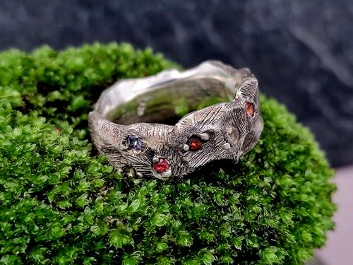 LeoLars-PABE Felsenlook Design Ring, Gr.65, aus 925er Silber mit Rubin und verschieden farbigen Saphiren, teilgeschwärzt, massiv, Unikat, Handarbeit