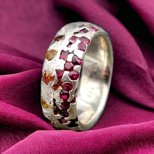 LeoLars-PABE Sandguss Design Ring, Gr. 53 (16,8), mit eingegossenen orangen und gelben Saphiren und Rubinen aus 925er Silber, Nr.63, Unikat, Handarbeit