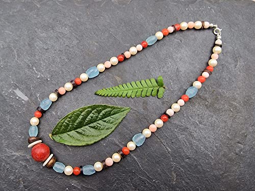 LeoLars-PABE 42cm Perlen und Aquamarin Kette, Mittelmeer Koralle, Süßwasserperlen, Rhodochrosit, Aquamarin, Muscheln, Unikat, Handarbeit
