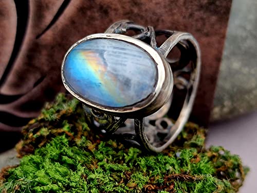 LeoLars-PABE Weißer Labradorit Filigree Ring, Gr.57-58, aus 925er Silber, Regenbogen Mondstein, teilgeschwärzt, magisch, mystisch, Unikat, Handarbeit