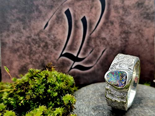 LeoLars-PABE Boulder Opal Design Ring, Gr.60, Structure Design Stone, Stein, aus 925er Silber, Multicolor Opal 8.3x8mm, Unikat, Handarbeit