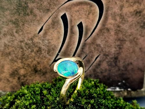 LeoLars-PABE Lightning Ridge Opal Design Ring, Gr. 65 (20,5), aus 585er Gelbgold, Opal brilliantes grünes Opalfeuer, Semi Chrystal, 9,3 x 7,5mm, Unikat, Handarbeit