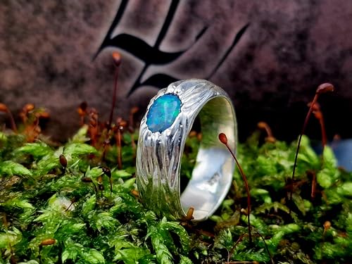 LeoLars-PABE Schwarzer Opal Design Ring im organisch natürlichem Wurzel Design, Gr. 56 (17,8), aus 925er Silber, mit grün-blauem Opalfeuer, Unikat, Handarbeit