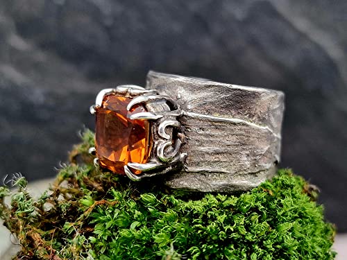 LeoLars-PABE Madeira Citrin Design Ring, Gr. 54-55, aus 925er Silber mit Bambus Struktur, teilgeschwärzt, massiv, Unikat, Handarbeit