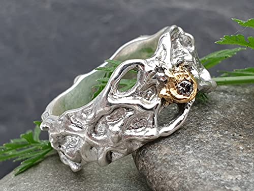 LeoLars-PABE Organic Design Ring, 925er Silber, Gr.61-62, mit 0,1ct. braunem Diamanten in Feingod Fassung, Unikat, Handarbeit