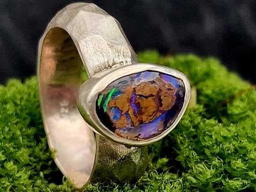 LeoLars-PABE Boulder Opal Design Ring, Gr. 61, aus 925er Silber, grob geschliffen, seidenmatt, Opal mit grün-blauen Opaladern, Unikat, Handarbeit