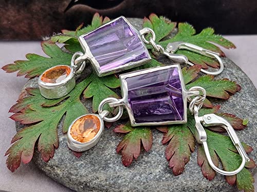 Amethyst, Mandarin Garant Design Ohrhänger aus 925er Silber, Spezial Spiegel Design Schliff, mit Brisuren, Unikat, Handarbeit