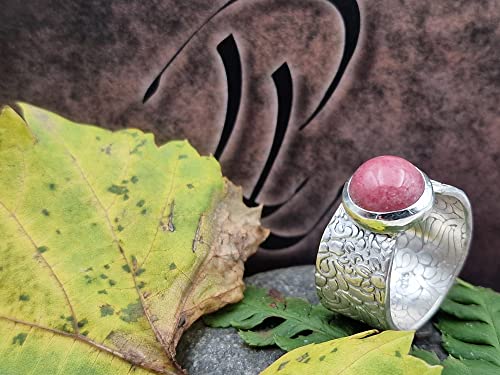 LeoLars-PABE Rhodochrosit Ring aus 925er Silber, Gr.57 (18,2), floral, blumig geprägte Ringschiene, Unikat, Handarbeit