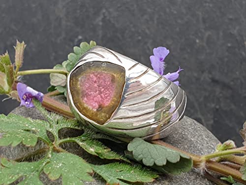 LeoLars-PABE Wassermelonen Turmalin Design Ring, Gr.58 (18.5), aus 925er Silber, Streifen, massiv, teilgeschwärzt, Unikat, Handarbeit