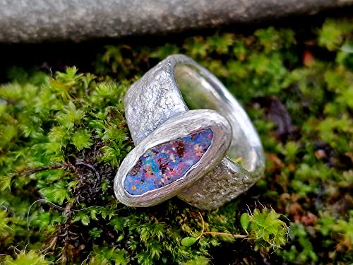 LeoLars-PABE Boulder Opal Structure Design Ring, Gr.52, aus 925er Silber mit Stein Struktur, Opal mehrfarbig 14.5x6.5mm, Unikat, Handarbeit
