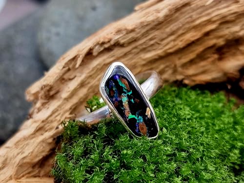 LeoLars-PABE Boulder Opal Ring, Gr.57-58, aus 925er Silber, Opal mit tollem Muster und grün-lila Opalfeuer, Opal 17,5x7mm, Unikat, Handarbeit