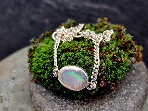 LeoLars-PABE Lightning Ridge Opal Armband aus 925er Silber, Opal Mehrfarbig 7.8x6mm 19cm lang mit Panzerkette, Unikat, Handarbeit