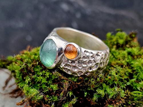 LeoLars-PABE Design Ring, Gr. 57, aus 925er Silber im Bubble Design mit Turmalin und Mandarin Granat, massiv, Unikat, Handarbeit