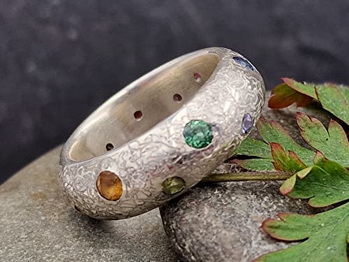 LeoLars-PABE Rainbow Universe Ring aus 925er Silber, Gr.61 (19,5), mit verschiedensten echten Edelsteinen, eismattiert, Unikat, Handarbeit