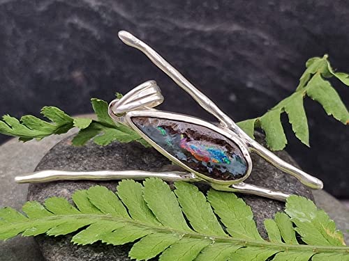 LeoLars-PABE Boulder Opal Design Anhänger aus 925er Silber, Opal 21.8mm x 8mm, Unikat, Handarbeit