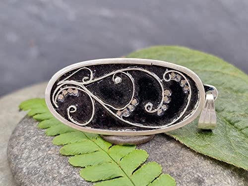 LeoLars-PABE Emaille Filigree Anhänger aus 925er Silber, schwarze Emaille, feines florales - blumiges Filigree, Unikat, Handarbeit